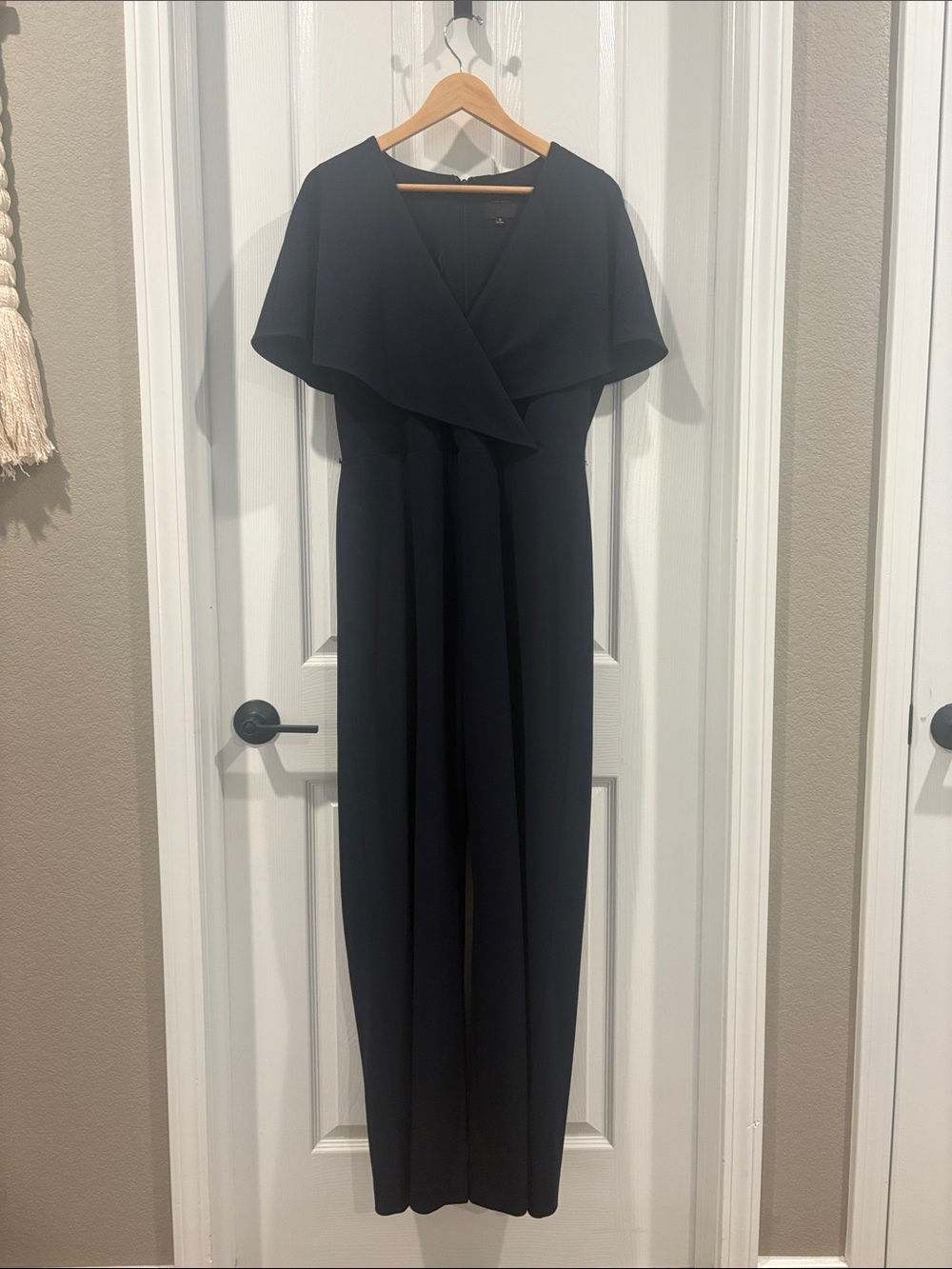 Alex Marie Navy Jumpsuit with Draped Cape